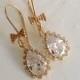 Dangle Earrings, Cubic zirconia teardrop earrings,  24kt Vermeil gold earrings with bow tie, bridal earrings, wedding jewelry