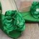 Flower Wedding Shoes -- Green Peep Toe Wedding Shoes with Matching Trio of Flowers Adornment