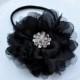 Black Fabric n' Lace Puff Rosette HEADBAND - Fits Babies Toddlers Girls - Skinny Band - Special Occasion