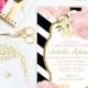 Romantic Garden Peonie Flowers Blush Pink and Gold Black and White Stripes Bridal Shower Invitation