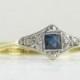 Art Deco Engagement Ring, French Cut Blue Sapphire & Diamond Trilogy Ring. Circa 1920s, 18 Carat Gold and Platinum.