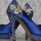 Wedding Shoes -- Royal Blue Peep Toe Wedding Shoes with Silver and Blue Rhinestones  and Silver Rhinestone Butterflies on the Ankle
