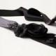 Black sash - Black rhinestone sash - Black floral sash - Black bridal belt  with vintage  look rhinestone brooch, flowers and velvet leaves