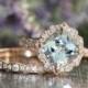 Vintage Floral Aquamarine Engagement Ring and Scalloped Diamond Wedding Band Bridal Set in 14k Rose Gold 8x8mm Cushion Aquamarine Ring