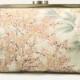 Bridal Clutch Purse In Very Pale Blue Silk Featuring Camellia And Plum Blossom Flowers In Pink And Gold, Made From Japanese Silk 9" x 5.5"
