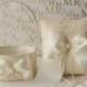 READY TO SHIP Ivory Laced Ring Bearer Pillow and Flower Girl Basket Set