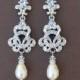 Pearl Bridal Chandelier Earrings, Deco Bridal Jewelry, Ivory Pearl Drop Earrings, Crystal Wedding Earrings,  CELINE Pear Pearl
