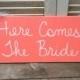 Coral and White Here Comes The Bride Wedding Sign, Wooden Coral Wedding Signage