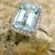 Sky Blue Green Aquamarine Engagement Ring in 18K White Gold with Diamonds Size 6.5