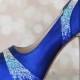 Wedding Shoes -- Royal Blue Platform Peep Toes with Blue Crystal Ombre Heel and Pleats