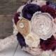 Romantic rustic plum, champagne, ivory and burlap bridal wedding bouquet. Shabby chic fabric flowers.