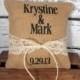 Ring pillow - Burlap & lace rustic wedding ring bearer pillow personalized with names and date - Lots of lace color choices!