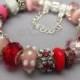Red And Pink Rose Bouquet European Charm Bracelet with Lampwork Glass Beads And Crystal Charms - Gift For Wife, Girlfriend, Spouse