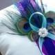 Wedding Ring Pillow with Peacock Feathers ringbearer PURPLE TURQUOISE IVORY custom feather modern pearl crystal bearer