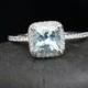 Stunning Aquamarine Ring Engagement Ring in 14k White Gold with Aquamarine Cushion 7mm and Diamonds