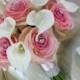 Wedding bouquet-pink and ivory bridal bouquet in silk roses and real touch calla lilies with rhinestones
