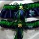 Navy and Green Satin Skinny Wedding Garter Set Made with Notre Dame Fabric