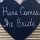 Here Comes The Bride Heart Wedding Sign, Wooden Navy Blue Wedding Decor, Ring Bearer and Flower Girl Sign
