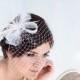 Bridal birdcage veil with feather hairpiece, wedding feather fascinator