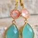 Aqua and Grapefruit Pink Dangle Earrings in Gold. Coral Drop Earrings. Dangle. Bridesmaid Gift. Wedding. Bridal Jewelry. Aqua Earrings.