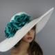 White Turquoise Church Wedding Hat Head Piece Kentucky Derby Hat White Bridal Coctail Hat Couture Fascinator  Bridal Hat