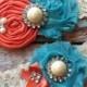 Wedding garter / coral and turquoise  wedding garters/ bridal  garter/  lace garter / toss garter / vintage lace garter