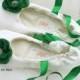 Bridal Ballet Flats - Ballerina Slippers in Ivory and Emerald Green with Handmade Flowers and Crystal Jewels