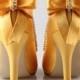 Burned yellow sunbeam bow shoes , peep toe wedding party prom sweet bow shoes , prom pumps mid heels