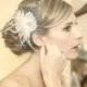 Wedding Bridal Hair Fascinator, Feathers French Net Lace Rhinestone Jewel Feather Hair Clip