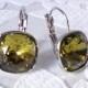 Khaki Olive Green Leverback Earrings made with Cushion Cut Swarovski Crystal Stones - Bridesmaid Wedding Jewelry
