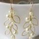 Pearl Leaf Dangle Earrings, Bridesmaid Gift, Drop, Wedding Jewelry, Bridesmaid Jewelry, Bride, Ivory Champagne, Leaf Pendant, Personalized