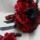 Wedding Bridal Bouquet Your Colors 2 piece Red Black Rose Black Feathers with Boutonniere Centerpiece Accessories Corsages Bridesmaids
