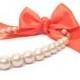 Designer Dog Collar - Silver Pearl Dog Necklace and Coral Satin bow - Dog bling, pearl dog collar