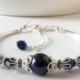 Navy Pearl Bracelet, Pearl Bridesmaid Bracelet, Silver Filigree, Swarovski Crystallized Elements Wedding Jewelry, Dark Blue Bridesmaid Gift