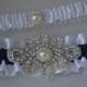 Wedding Garter Set - Navy Blue Garters And White Satin With Rhinestone Embellishments, Garter Belts, Bridal Garter Set