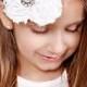 Pure White Shabby Flowers on White Skinny Elastic Headband w/ Birdcage Veil - Little Girls Baptism or Wedding Hair Bow - Toddler Photo Prop