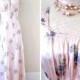 vintage 40's bias cut pale pink floral print rayon satin slip nightgown lingerie dress / bridal boho romantic