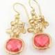 Coral Gold Earrings - Faceted Coral Stone with Gold Flower Drop Dangle Dainty Bridal Jewelry