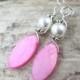cute dainty pink and white pearl bridal jewelry  drop dangle earrings bridesmaid