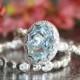Floral Aquamarine Engagement Wedding Ring Set in 14k White Gold, 9x7mm Oval Aquamarine Ring and Pebble Diamond Wedding Band (Custom Made ok)