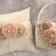 Champagne and Rose Basket Set , Ring Bearer Pillow Flower Girl Basket Vintage CUSTOM COLORS  too Wedding Pillow