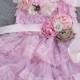 pink tan peach dress sash headband SET,lace girl Dress,baby dress,Flower girl dress,First 1st Birthday Dress, girls photo outfit