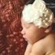 Ivory Shabby & Satin Flower and Pearl Rhinestone Hair Bow - Little Girl's Christening Headband - Newborn Baby Baptism Hairbow