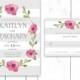 Watercolor Wedding Invitation, Pink Flower Wreath with Watercolor Effect, Modern Grey Striped Invitations