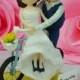 Wedding Cake topper Bicycle Wedding with lace strapless wedding dress clay miniature, clay doll, ring holder clay figurine, clay couple