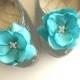 Shoe Clips Tiffany Blue Satin Flowers with Rhinestone Center Handmade customize your color