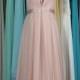 Pearl Pink Lace Chiffon Wedding Dress, V-neck See Through Back Bridal Wedding Dress