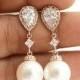 Pearl Rose Gold Earrings Wedding Jewelry Cubic Zirconia Pearl Drop Bridal Earrings White OR Cream Round Swarovski Pearl Wedding Earrings