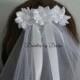 First Communion Veil 3 White Satin Ribbon Flowers Veil with Ribbon and Pearl Streamers New