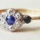 Art Deco Sapphire Diamond Daisy Flower Engagement Ring, Diamond Platinum, Sapphire and 18k Gold Ring, Approximate Size US 7